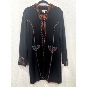 Coldwater Creek Knit Jacket Womens M Black Embroidered Long Sweater Western 90s